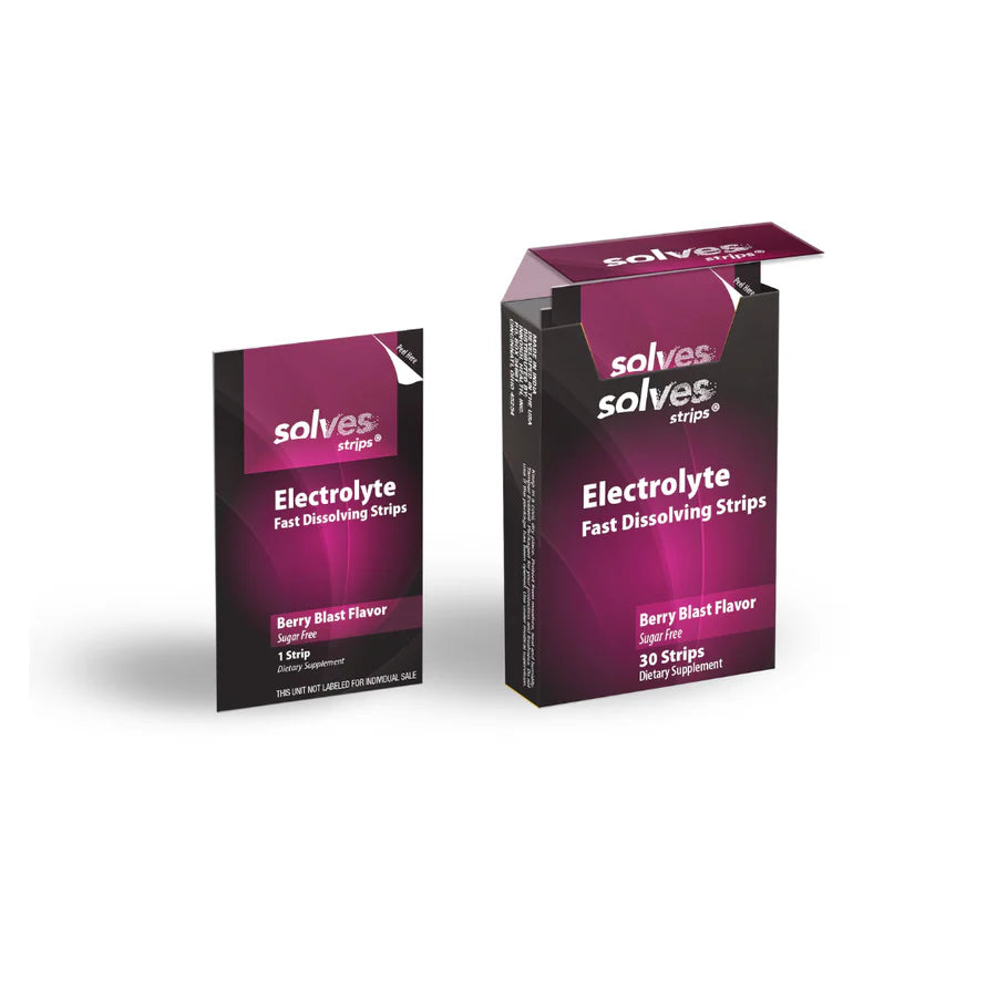 Two boxes of Solves Electrolyte Fast Dissolving Strips on a white background