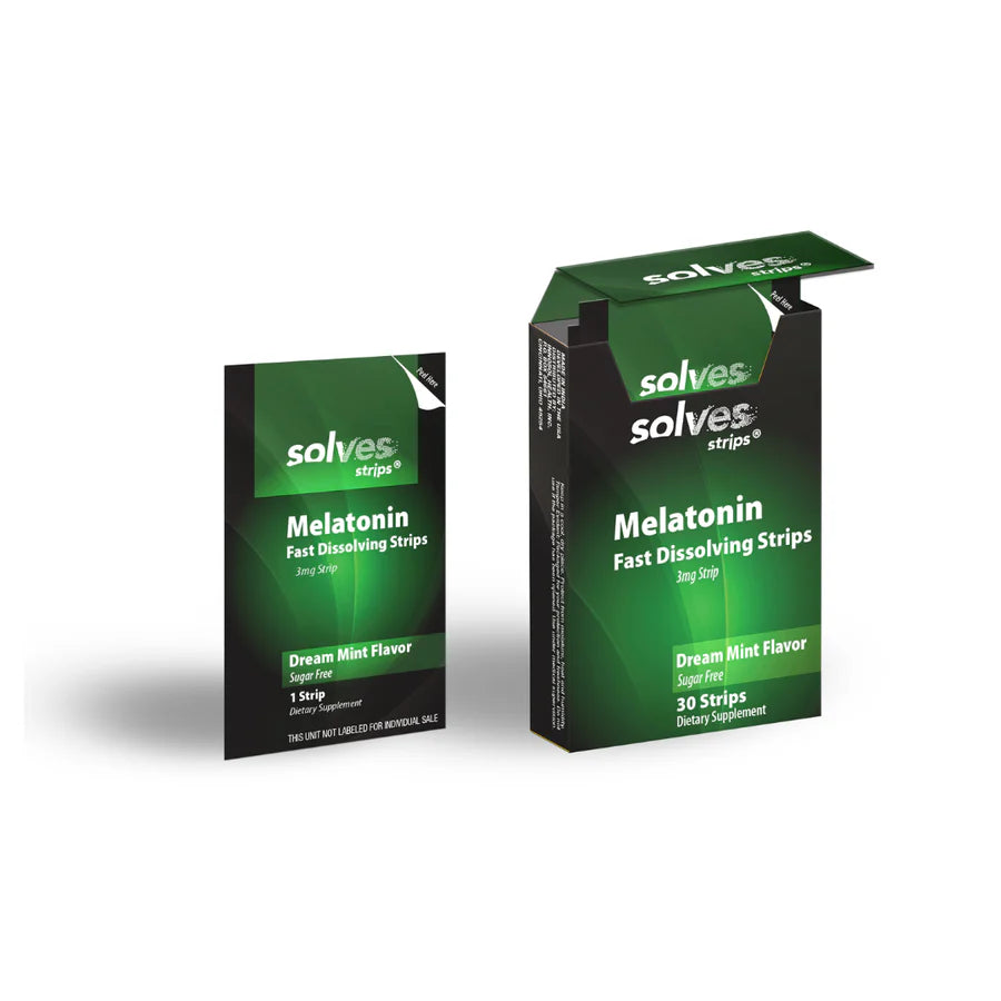 Two packages of Solves Melatonin Fast Dissolving Strips on a white background